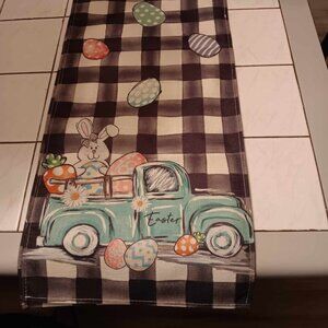 Farmhouse buffalo Easter Table runner with Truck, Bunny and Eggs
